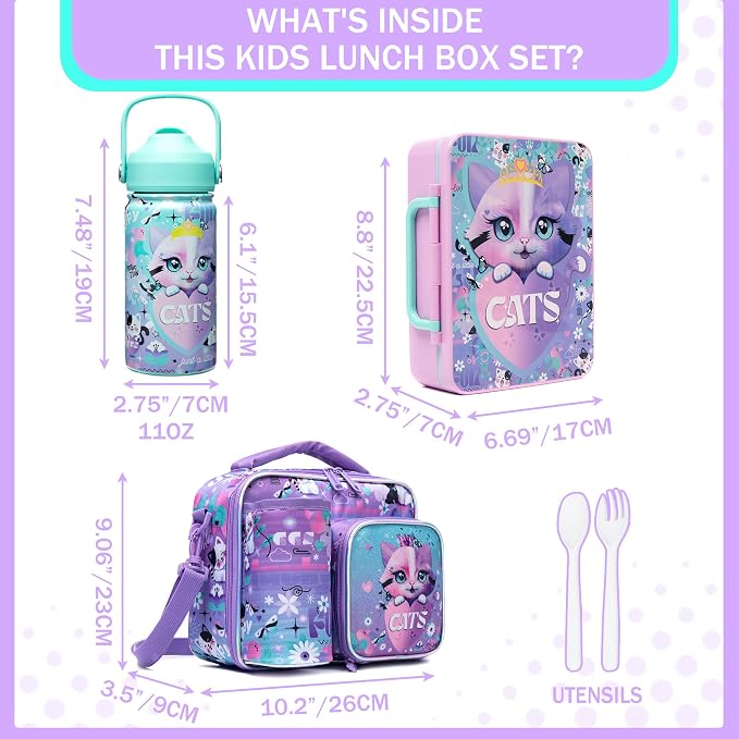 Lunch Box Kids Bento Box for Girls with Ice Pack,Lunch Bag,Stainless Steel Water Bottle Set Utensils Set Food Container for School Cat Girls Lunch Boxes Kids Back to School Supplies
