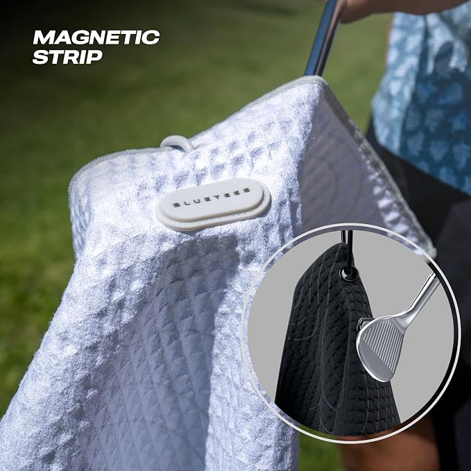Blue Tees Golf Premium Magnetic Towel - Super Strong Magnet - Microfiber Waffle Design - Silicone Brush - Groove Cleaner - Bag Buckle