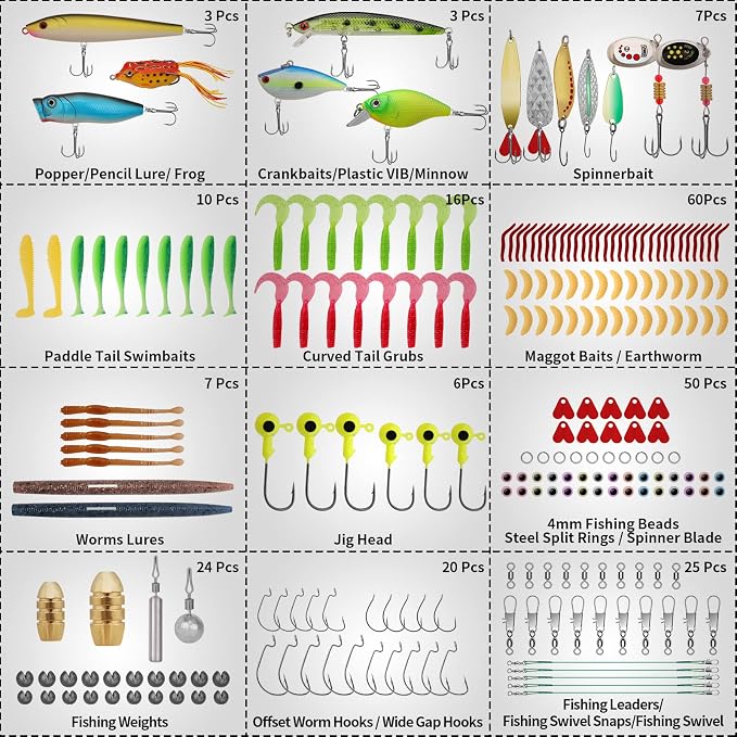TRUSCEND Complete Fishing Lures - Tackle Box with Tackle Included - Crankbaits, Minnows, Frogs, Vibes, Poppers, Spinners, Spoons, Soft Baits, Hooks & Weights Accessories Kit for Bass Panfish Trout