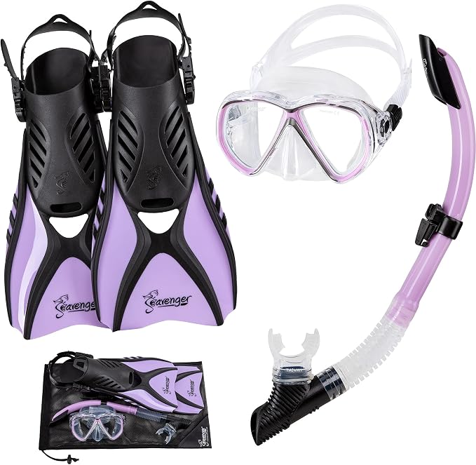 Seavenger Hanalei Anti-Fog 4-Piece Snorkeling Set with Soft-Flex Dry Snorkel, Adjustable Open-Heel Fins, Twin-Lens Mask, and Mesh Bag