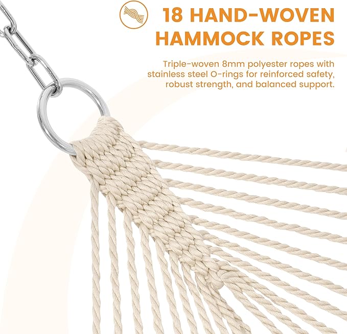 Lazy Daze Hammocks 10.5 FT Double 2 Person Caribbean Rope Hammock, Hand Woven Polyester Hammock with Spreader Bars, for Outside Outdoor Backyard Patio Poolside, 450 LBS Capacity, Cream