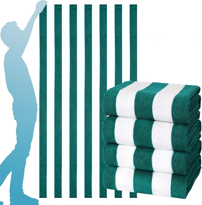 4 Packs Extra Large Bath Towels Striped Beach Towel Set Bathroom Sheets Bulk Oversized XL Big Fluffy Absorbent Microfiber Soft Blanket Turkish Hotel Shower Pool Hot Tub Toallas Baño Grandes Green