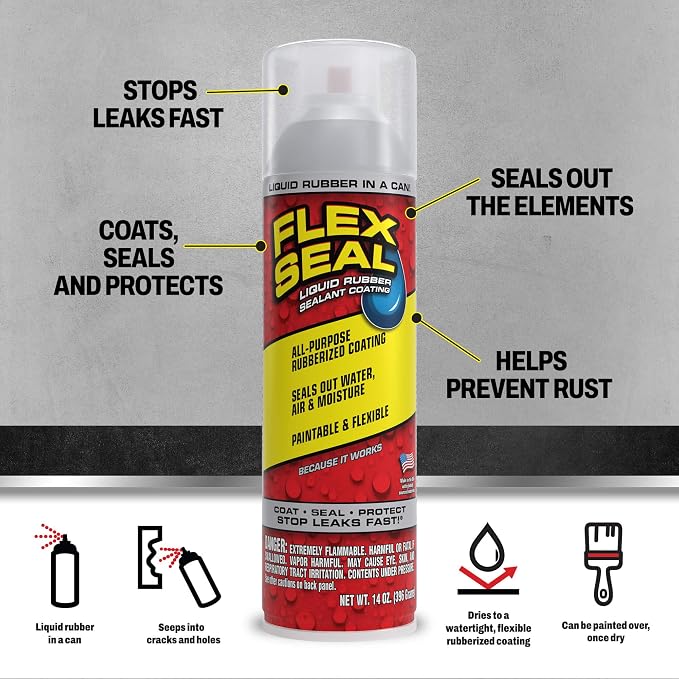 Flex Seal, 14 oz, 2-Pack, Clear, Stop Leaks Instantly, Transparent Waterproof Rubber Spray On Sealant Coating, Perfect for Gutters, Wood, RV, Campers, Roof Repair, Skylights, Windows, and More