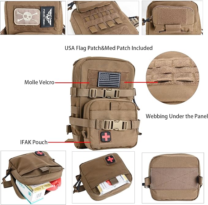 Tactical Mini Molle Hydration Pack,Molle Hydration Carrier with IFAK Pouch&US Flag&Med Patch,Hydropack for 2L Water Bladder