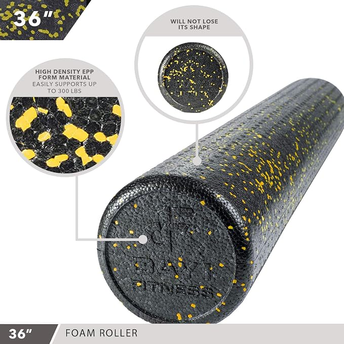 Day 1 Fitness High Density Muscle Foam Rollers - Sports Massage Rollers for Stretching, Physical Therapy, Deep Tissue, Myofascial Release - Ideal for Exercise and Pain Relief - Speckled Yellow, 24”