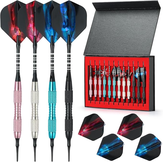 Soft Tip Darts Set with Gift Box Dart Case Professional Darts Plastic Tip with 100 Dart Tips 12 Shafts 24 Flights Tool Kit Flight Protectors for Electronic Dart Board