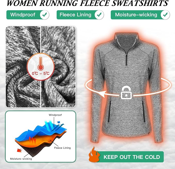Soneven Women's Thermal Fleece Running Shirts Warm Winter Pullover Cold Weather Workout Hiking Tops with Thumb Holes Pockets