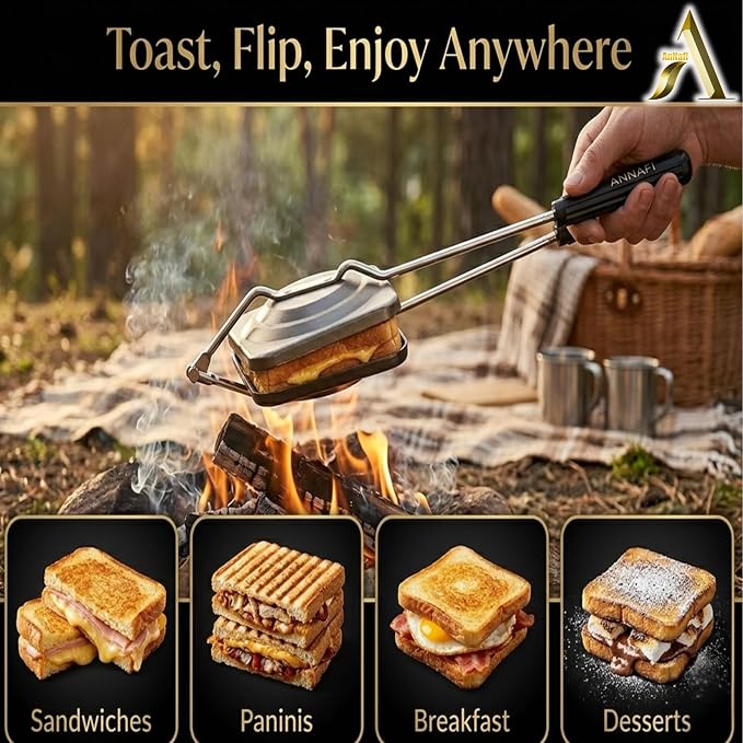 AnNafi® Sandwich Maker | Sandwich Press Grill For Gas Stove | Non Stick Hand Toaster Pan For Hot & Crisp Grilled Cheese Sandwiches & Cubano | Easy to Use Cast Iron Flying Saucer For Outside Campfire