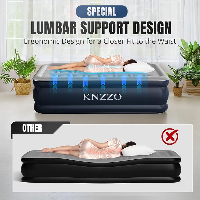 KNZZO Twin Air Mattress with Built-in Pump, 18" Top Inflatable Mattress with Waterproof Flocking Fabric, Three-Minute Quick-Inflatable Bed. Portable Blow Up Mattress for Home, Outdoor and Guests