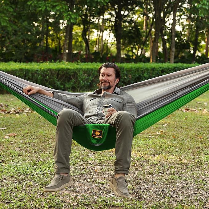 Camping Hammock, Portable Hammocks with Mosquito Net,Lightweight Nylon Parachute Hammock with 10ft Tree Straps,Camping Gear Must Haves for Travel Hiking Backpacking Beach Patio-Red&Grey