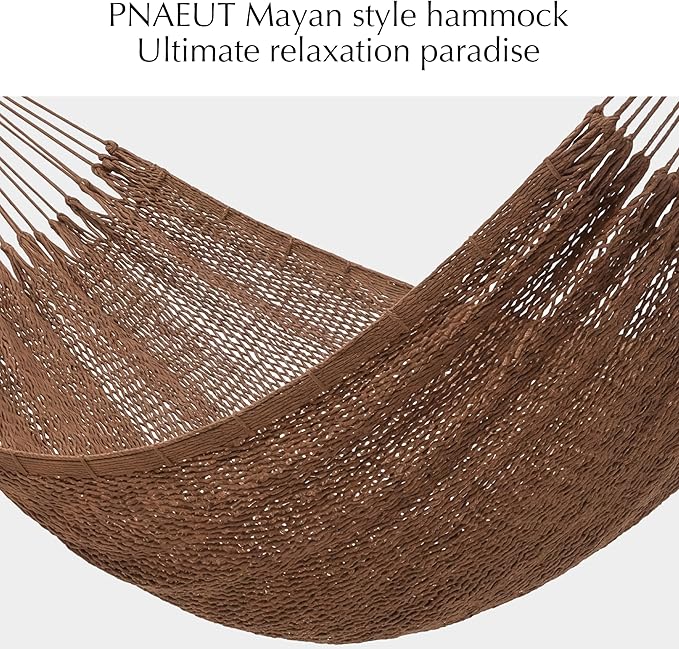 PNAEUT Handwoven Mayan Hammock, Thick Soft Rope Double Hammock for Outdoor Outside & Indoor, 600 lbs Capacity Heavy-Duty, Includes Tree Straps, Carabiners & Carrying Bag (Desert, X-Large)