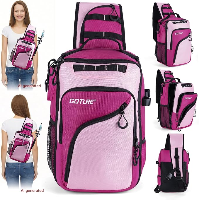 Goture Pink Fishing Tackle Bag, 1680D Water-Resistant Sling Fishing Backpack with Rod Holder, Anti-Slip Waist Strap, Trays not included, Fishing Gifts for Women Girls