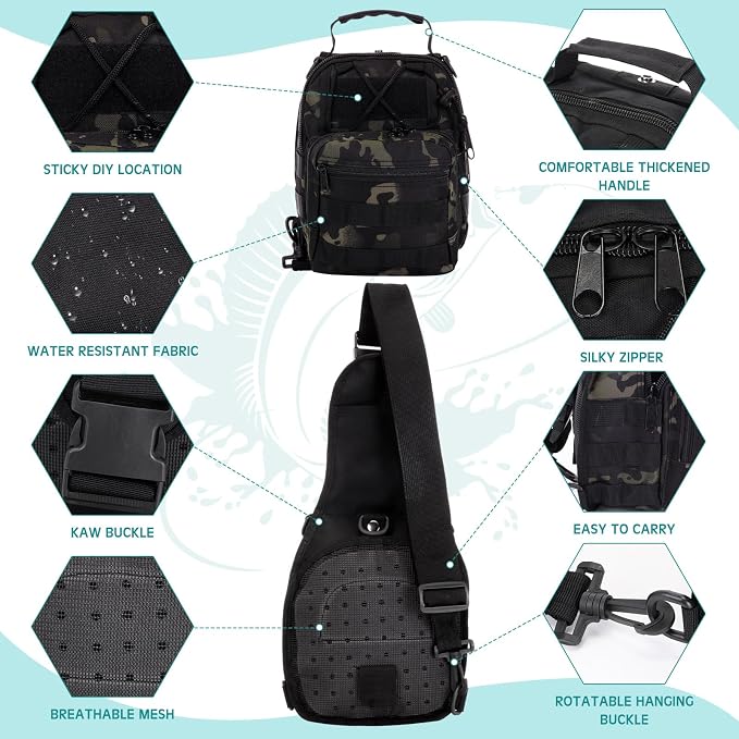 Abbylike 2 Pcs Small Fishing Backpack Fly Fishing Sling Pack Compact & Waterproof Outdoor 600d Oxford Cloth Tackle Bag with Multiple Storage Compartments Ideal for Fishing, Hiking, and Travel