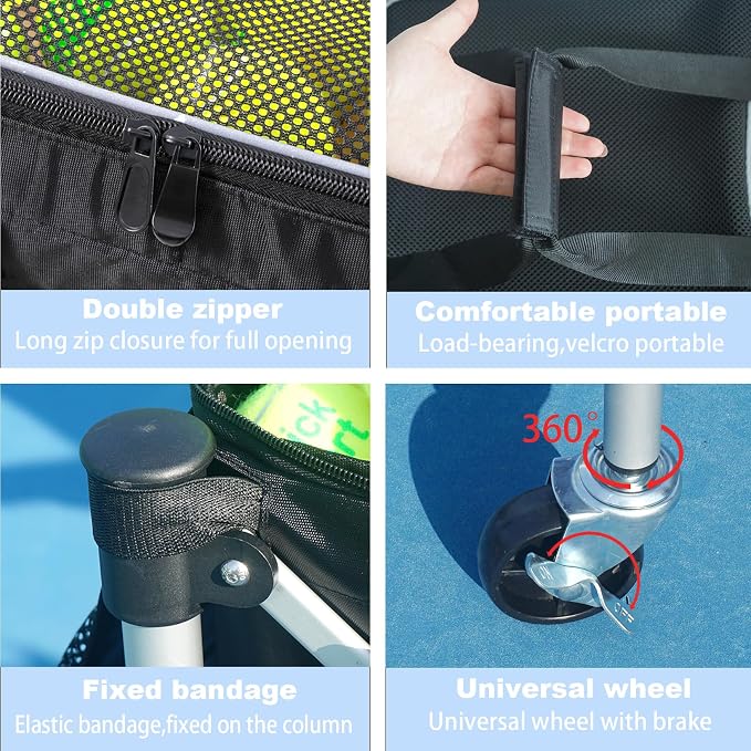 Portable Tennis Ball Hopper Tennis Ball Basket with Wheels Basket Hold Up to 160 Racquetball, Pickleball, Baseball, Badminton