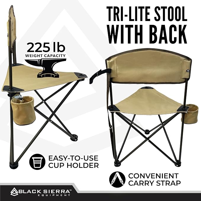 Black Sierra Tri-Lite Folding Stool with Backrest & Cup Holder, Lightweight Portable Hunting Fishing Chair with Carry Strap, Collapsible Outdoor Tripod Seat Supports 225 lbs