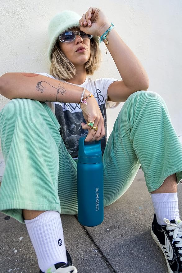 LifeStraw Go Series — Insulated Stainless Steel Water Filter Bottle for Travel and Everyday Use Removes Bacteria, Parasites and Microplastics, Improves Taste, 24 oz, Laguna Teal