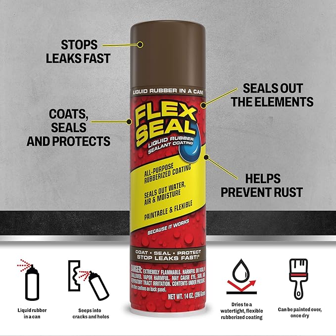 Flex Seal, 14 oz, Brown, Stop Leaks Instantly, Waterproof Rubber Spray On Sealant Coating, Perfect for Gutters, Wood, RV, Campers, Roof Repair, Skylights, Windows, and More
