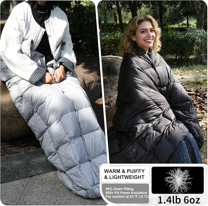 Down Camping Blanket - Lightweight, Packable, Warm & Puffy Outdoor Travel Quilt for Sleep, Hiking, Backpacking, Stadium, Festivals, Water-Resistant Sleeping Bag 55"x79"