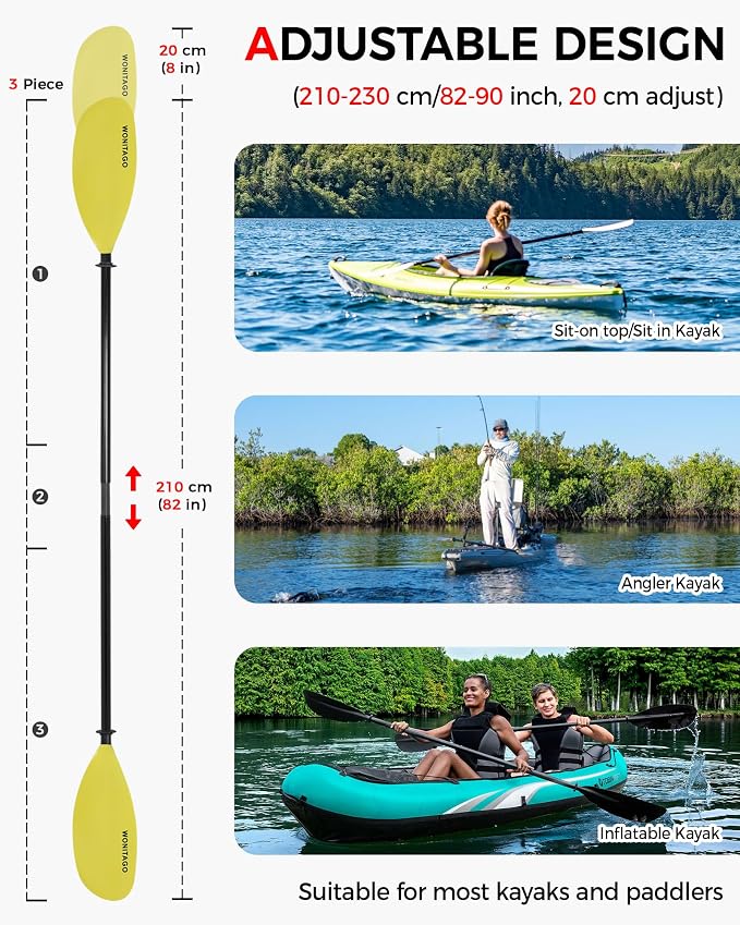 Kayak Paddle with Fiberglass Shaft and Reinforced Nylon Blade, Adjustable Kayaking Oars, 3 Piece, 230-250 cm/90-98 inches, 210-230 cm/82-90 inches