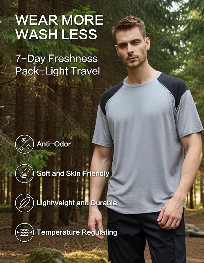 Merino Wool Crewneck T Shirts for Men for Athletic Running Workout, Lightweight Mens Moisture Wicking Shirts