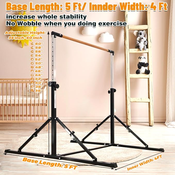 MARFULA 4FT/5FT Gymnastic Bar Set Gymnastics Kip Bar with 5 Ft Length 4Ft Inner Width 5ft Adjust Height Gymnastics Training Bar Equipment for Kids Professional Training Home and Club Use