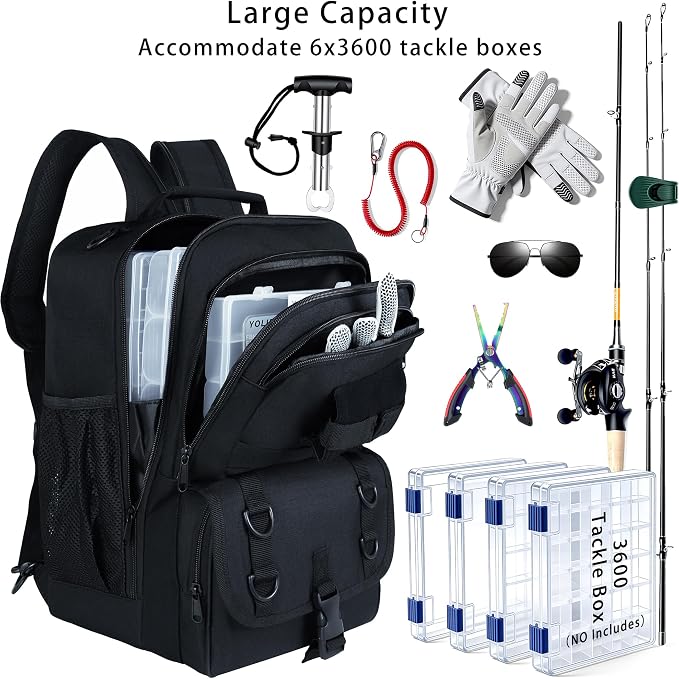 Fishing Backpack with Tackle Boxes,Fishing Sling Tackle Bag with Rod Holder Waterproof Fishing Bag with Fishing Gear, Fishing Gifts for Men Women Gear Combo Kit,Black