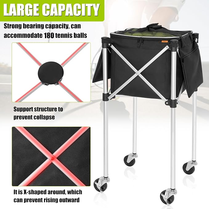 Foldable Tennis Ball Cart Holds 180 Balls Wheeled Tennis Ball Hopper Sports Teaching Carts with Storage Bag, Light Auminum Alloy