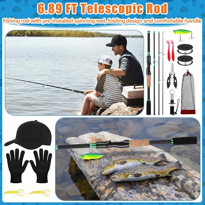 60 Pcs Father's Day Fishing Rod and Line Combo Detachable Fishing Pole Kit Without Reel, Plier Lip Gripper, Fish Lure Hook Accessories, Carrier Bag for Beginner Men Travel Saltwater Freshwater