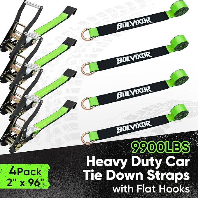 4 Pack Car Tie Down Straps for Trailers - 2" x 96" - 9900LBS Break Strength - Heavy Duty Tire Ratchet Straps with Flat Hooks for Hauling UTV, SUV, Truck, Any Cars