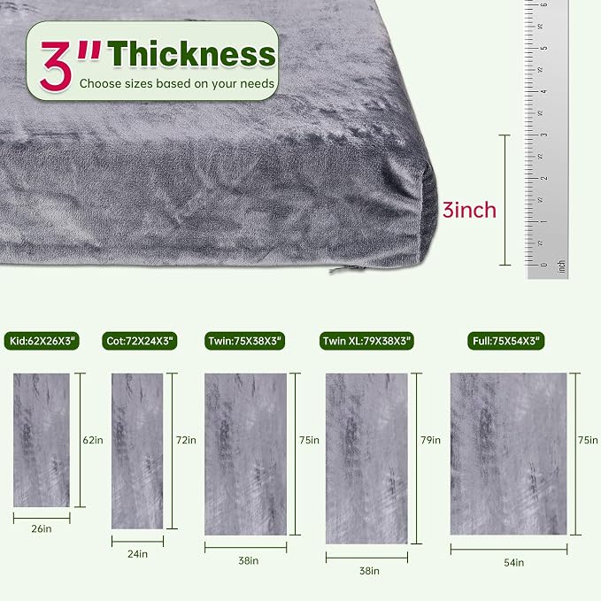 Memory Foam Camping Mattress pad,3 Inch Thick Floor Sleeping Mat Pad for Adults with Waterproof and Non-Slip Bottom, Portable Roll Up Mattress for Sleepover Guest