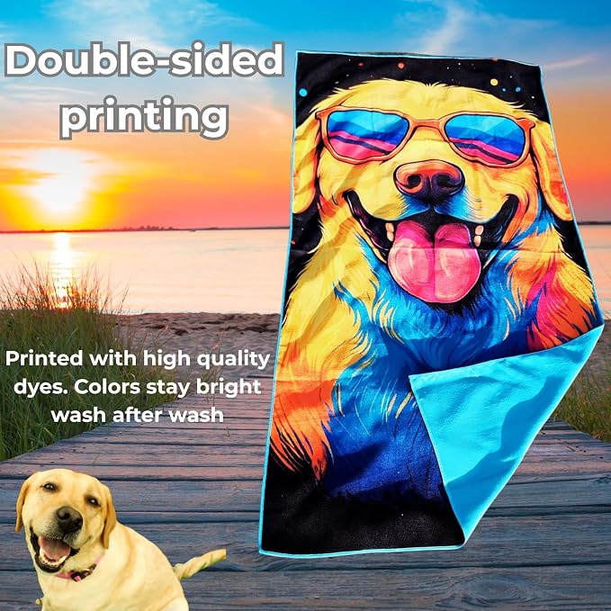Microfiber Funny Yellow Lab in Sunglasses Colorful Beach Towel for Women, Girls, Kids, Boys, Men, Plush Beach Towel, Absorbent Pool Towel Super Soft, Oversized 31x62 Inches