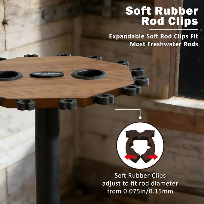 Rush Creek Creations 16-Rod Round Fishing Rod Holder for Garage, 360° Access Fishing Pole Holder for Fishing Rods, Reels, Gear, and Accessories, Securely Holds 16 Rods, Wood Grain