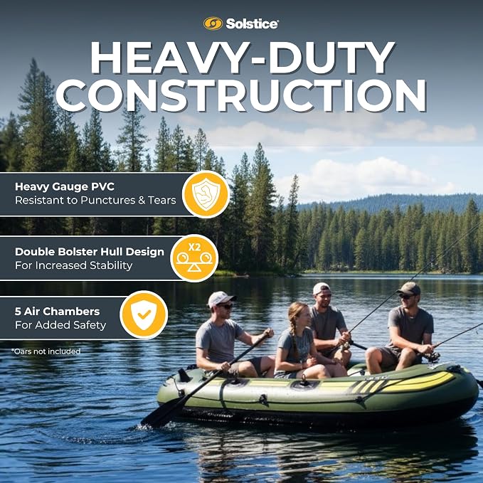 SOLSTICE Inflatable Boat for Lakes, Rivers & Beaches – Heavy-Duty Raft with Swivel Oar Locks, Rod Holders & Inflatable Seats – Outdoorsman, Fishing, 4-Person, Green, 9'