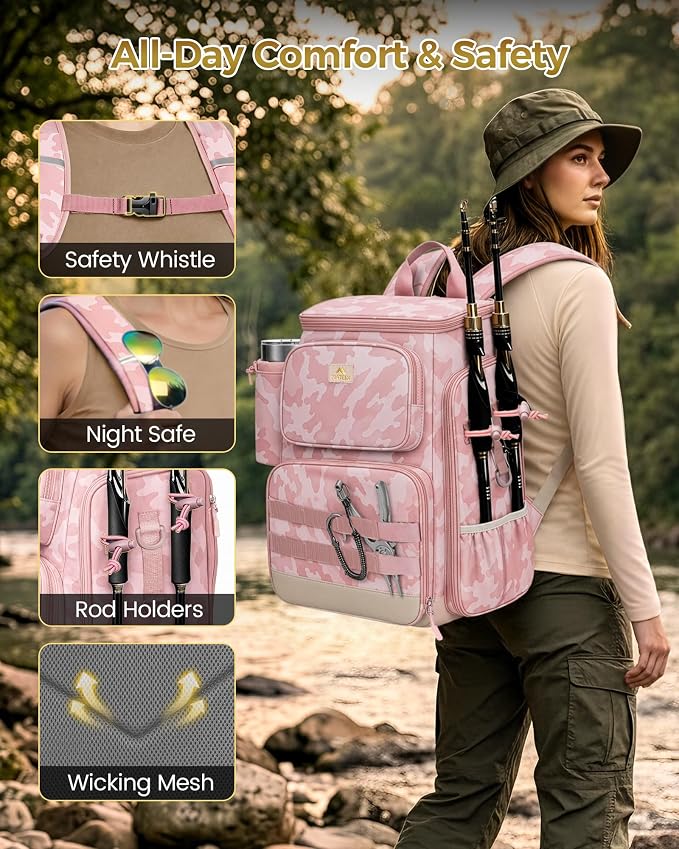 MATEIN Pro Fishing Backpack with 4 Tackle Boxes, 3600 Tackle Box Backpack | Fishing Bag with Rod Holder, Tackle Backpack with Large Side Gear Storage & Insulated Cooler Compartment, Fishing Gifts