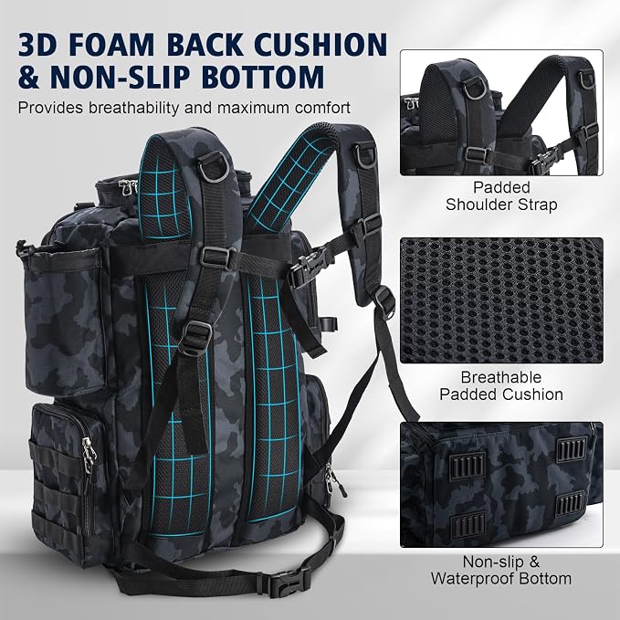 Goture Fishing Backpack, Tackle Backpack with Rod Holders, 45L 600D Large Fishing Bag Gear Storage, Water Resistant Tackle Bag with 8 Lure Pockets, Rain Cover for Camping Hiking (Without Tackle Box)