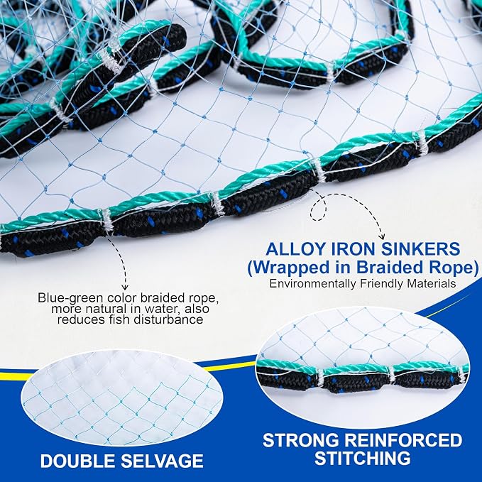 Goture American Fishing Cast Net Saltwater Freshwater,3/8in Mesh Size Casting Net for Bait Fish Shrimp Trap,Heavy Duty Sinkers Dual Color Double Selvage,3ft-12ft Radius Throw Cast Net with Needle