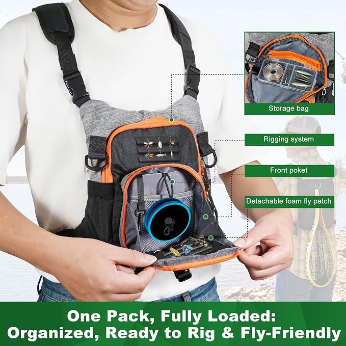 Fly Fishing Chest Pack with Workstation, Lightweight Adjustable | Holds Multiple Fly Boxes, Back Net Holder, 2 Removable Foam Fly Holders