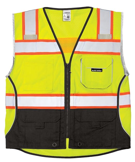 Kishigo Unisex High Visibility Reflective Premium Black Series Black Bottom Vest 1515, Zipper Closure, Polyester, ANSI 107 Type R/Class 2, Construction, Utility, Waste Management (Lime, 2X)