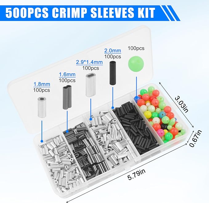 Fishing Crimping Tool Kit Fishing Crimping Pliers Stainless Steel Wire Crimping Tool with 500pcs Crimp Sleeves Set, 4 Size Crimp Sleeves Fishing Tackle Pliers