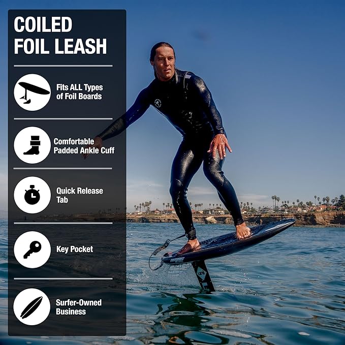 Ho Stevie! Foil Ankle Leash for Hydrofoil Boards - No Drag in Water, No Toe Tangles - 6ft Coiled Ankle Leash