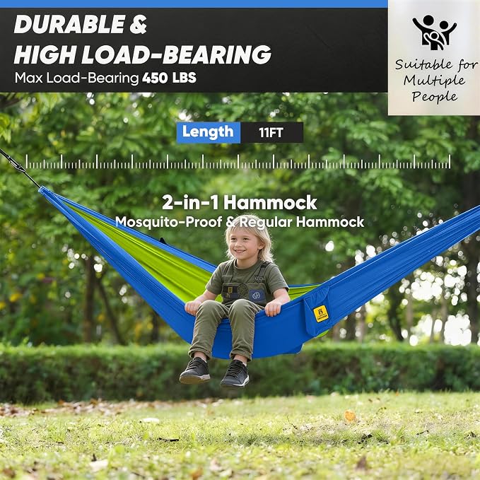 Kids Camping Hammock with Mosquito Net, 450 lbs Portable Hammock with Tree Straps, 2-in-1 Double/Single Travel Hammocks for Children, Hammock for Outside/Indoor/Backpacking/Beach - Sky Blue & Green