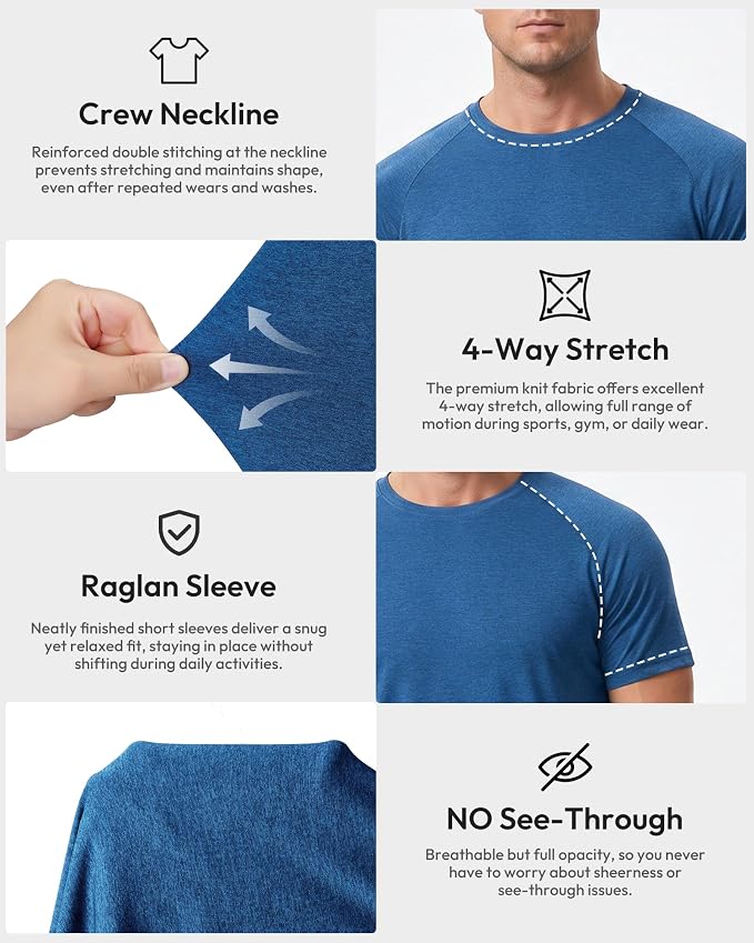 BALENNZ Workout Shirts for Men, Moisture Wicking Quick Dry Active Athletic Men's Gym Performance T Shirts