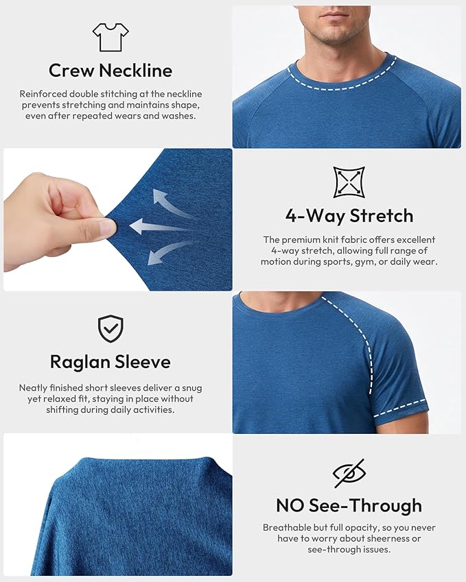 BALENNZ Workout Shirts for Men, Moisture Wicking Quick Dry Active Athletic Men's Gym Performance T Shirts