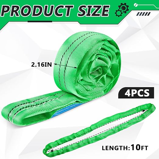 Fabbay 4 Pcs 9.8 Feet Heavy Duty Polyester Endless Loop Round Lift Slings Lifting Straps for Hoist Towing Moving Furniture Rigging Equipment, 5300 lb Vertical 4200 lb Choker 10600 Lbs Basket(Green)
