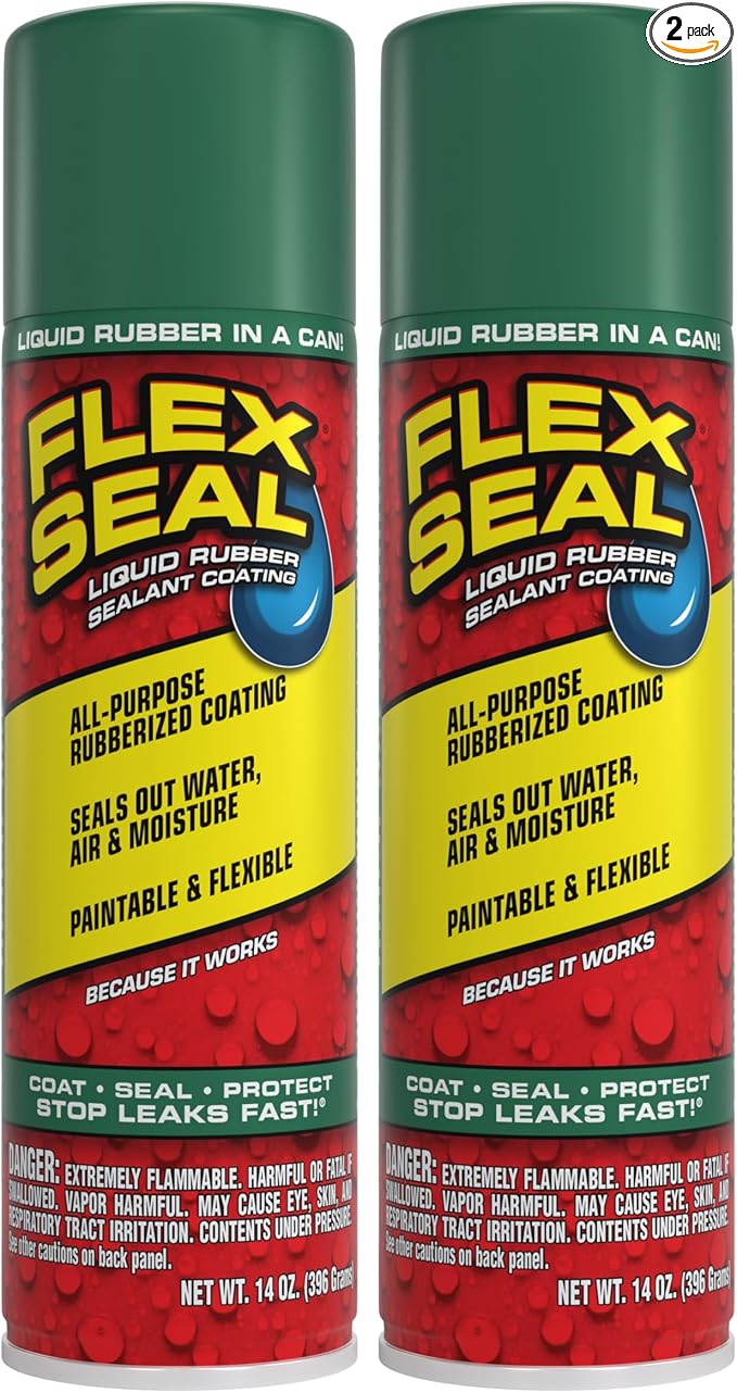 Flex Seal, 14 oz, 2-Pack, Green, Stop Leaks Instantly, Waterproof Rubber Spray On Sealant Coating, Perfect for Gutters, Wood, RV, Campers, Roof Repair, Skylights, Windows, and More