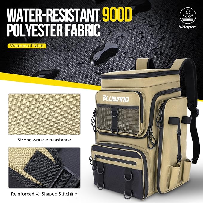 PLUSINNO Fishing Backpack with Rod Holders, 42L Large Water-Resistant Tackle Bag for Fishing, Camping, Hiking, Gifts - Khaki