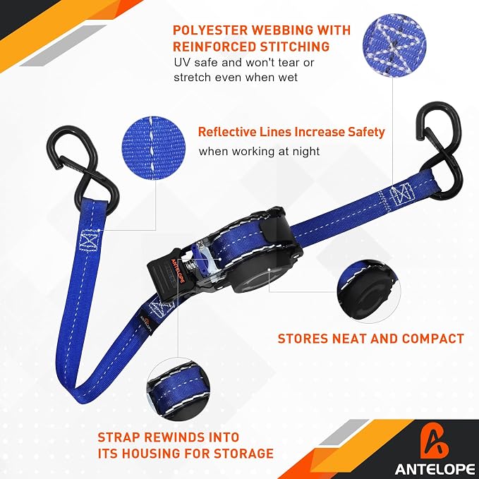 Retractable Ratchet Straps(4 PK), 1" x 12 ft Auto Retract Tie Downs, Automaitc Ratchet Straps,1500lb Break Strength AutoRetract Self Retracting for Motorcycle, Truck, Cargo, Trailer, ATV, UTV -Blue