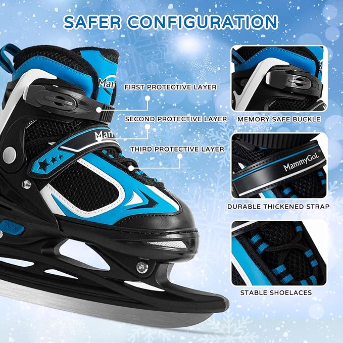 MammyGol Adjustable Ice Skates for Kids Youth Tean Hockey Lace-Up Boys or Girls Ice Skate for Beginner Age 4-12 Blue Black Teal Green