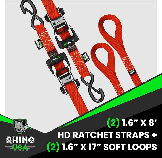 Rhino USA Ratchet Straps Heavy Duty Kit (2-Pack) - 1.6 Inch x 8 Feet Min Break Strength (5,000) - Ultimate Tie Down Straps with Safety S Hooks for Trucks, ATV, UTV, Motorcycle, Cargo & More - Red