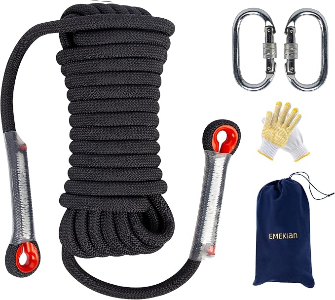 Indoor Outdoor Climbing Rope, 10/12/14mm (32FT/49FT/65FT/98FT) Static Rock Climbing Rope for Escape Rope, Ice Climbing Equipment, Fire Safety Rescue Rope, with Non Slip Gloves
